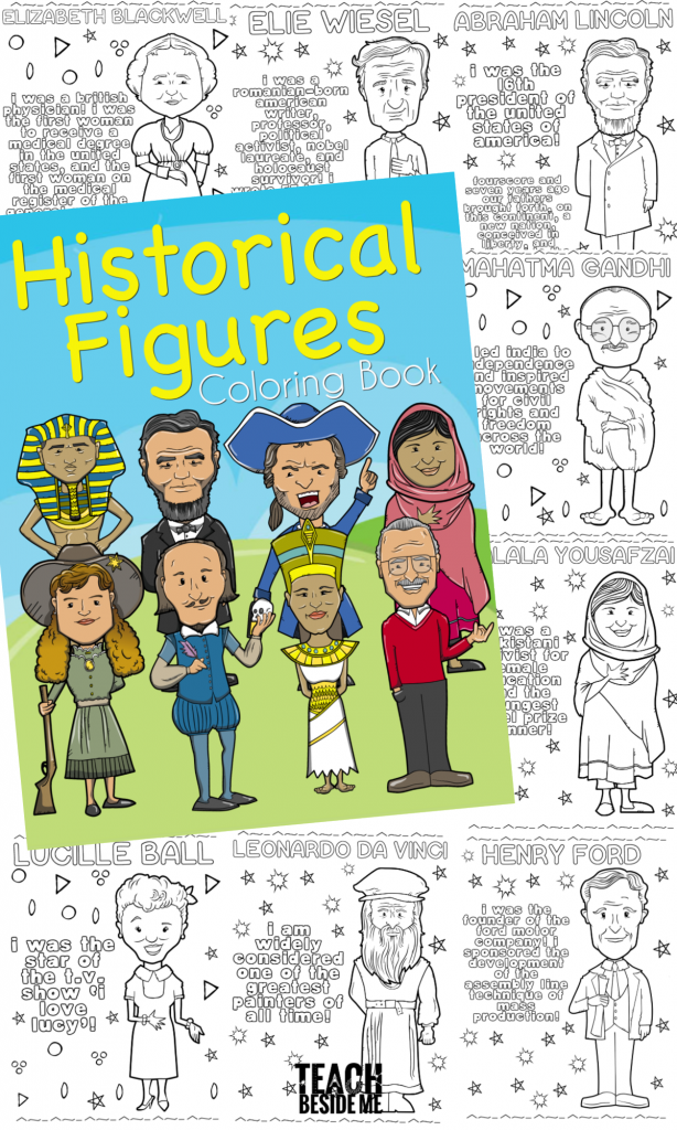 Historical Figures Coloring Book cover with background of image examples of coloring pages