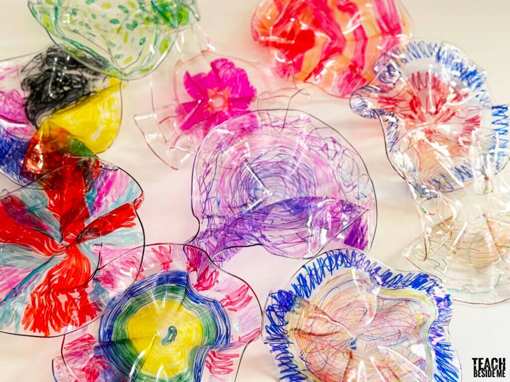 chihuly glass art with plastic plates