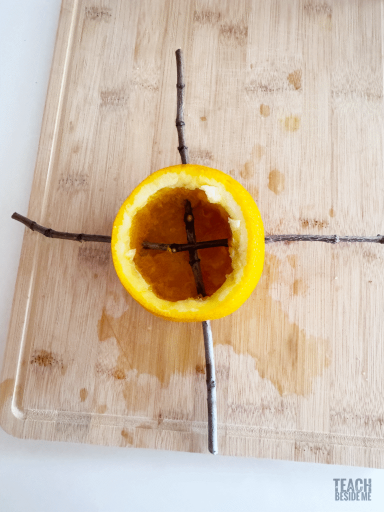 orange and sticks to make a bird feeder